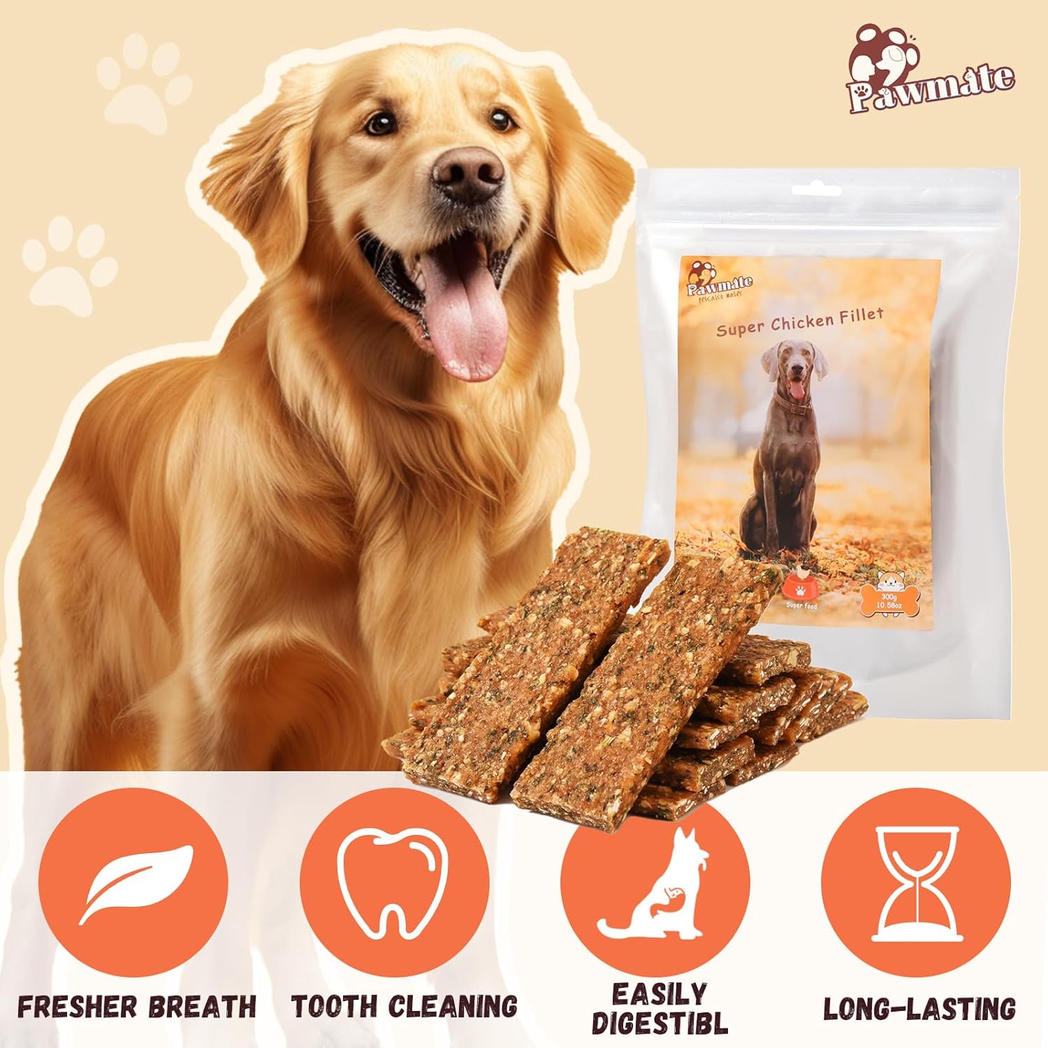 Pawmate Chicken Apple Jerky - Long-Lasting Dog Chews (10.58 oz)