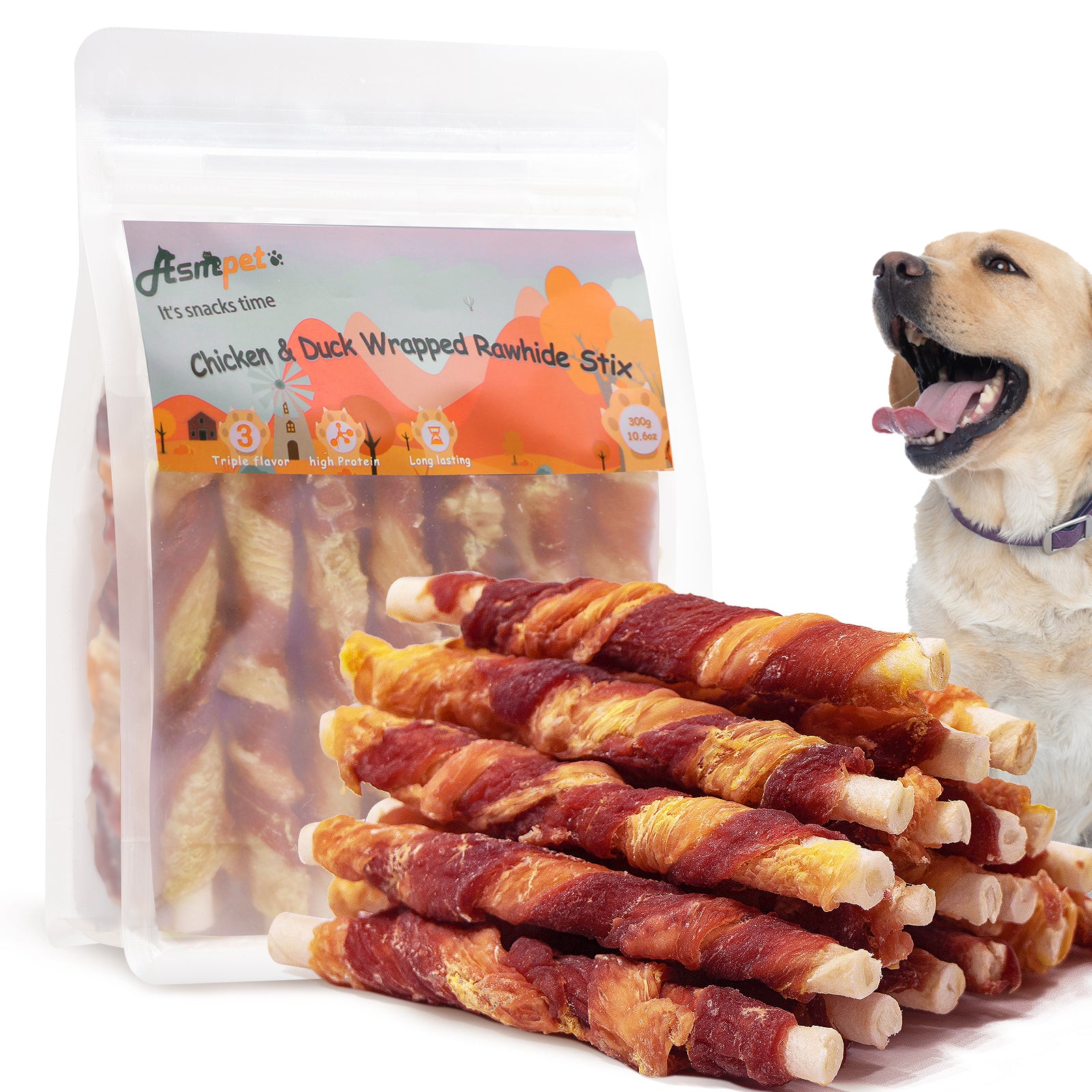 ASMPET Rawhide Dog Chew, Natural Chicken and Duck Wrap Long-Lasting Treat for Dog, 11 oz.