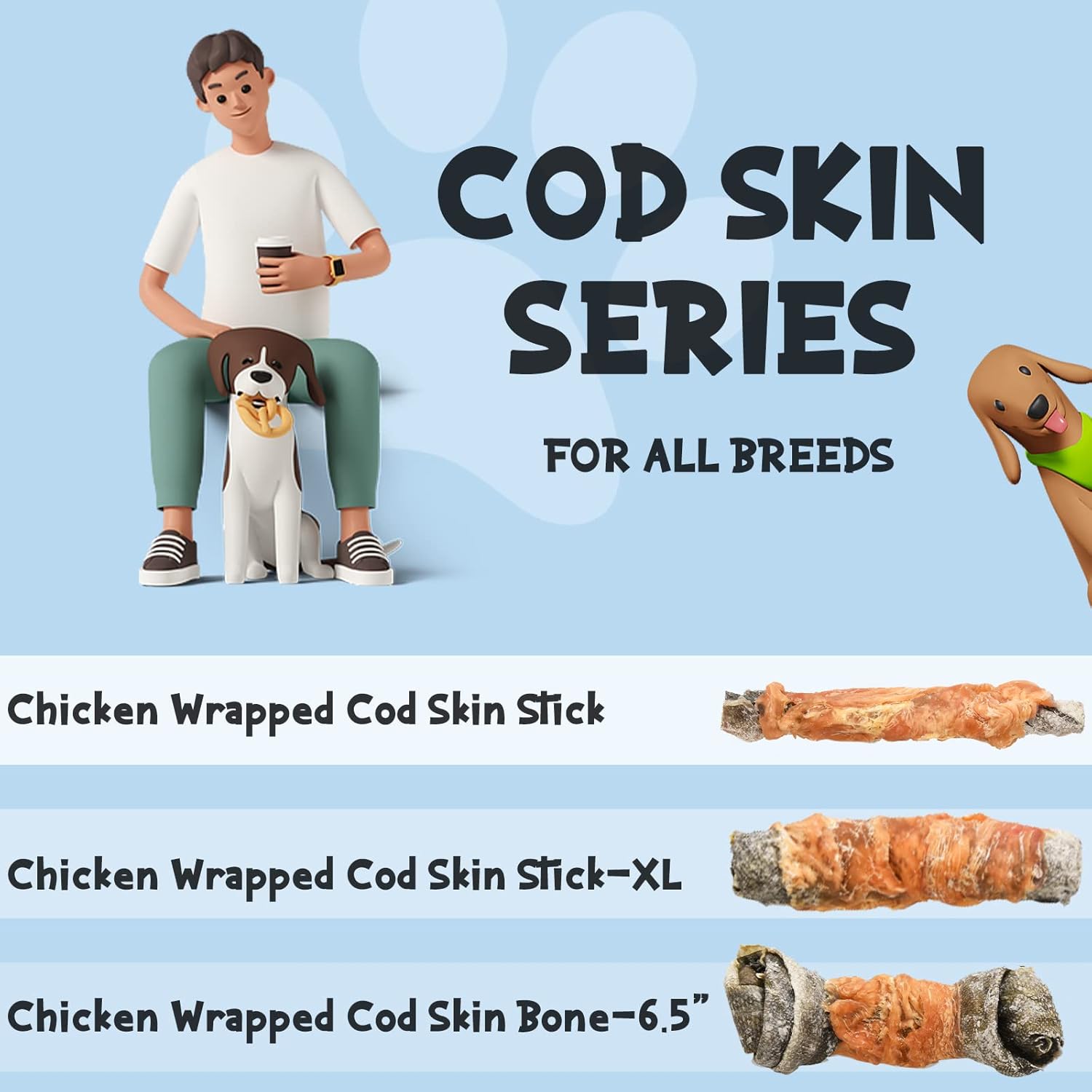 ASMPET Dog Treats - Chicken Jerky Wrapped Cod Fish Skin, Omega-3, High Protein, Rawhide-Free, 10.6 oz