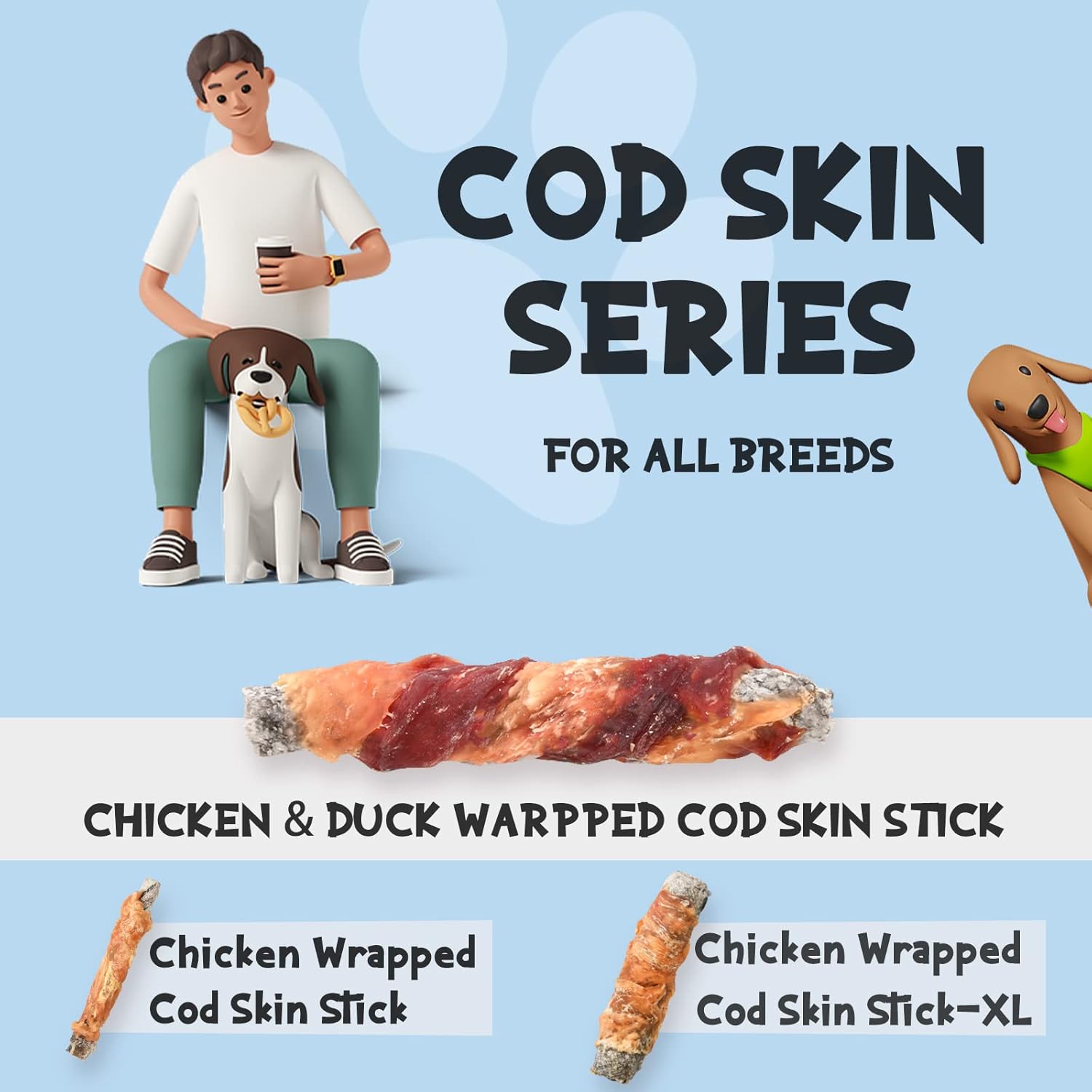 ASMPET Rawhide Free Dog Treats Chicken & Duck Wrapped Cod Skin Stick, Healthy Dog Chew, Training Snacks for Small Medium Large Dogs, 2 Pack 21.2oz