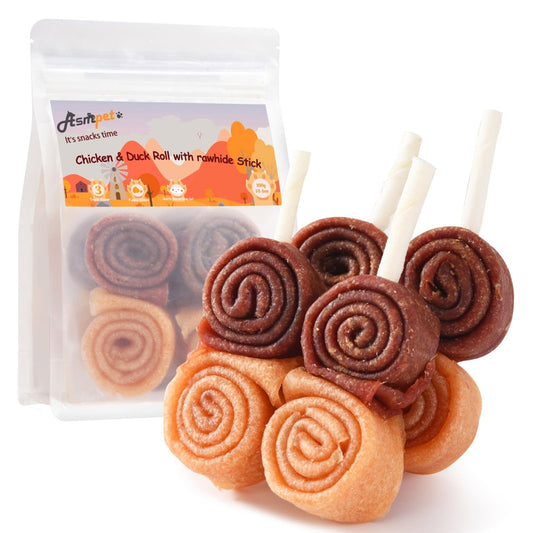 ASMPET Chicken Duck Rawhide Dog Chew, Triple Flavor Long-Lasting Treat for Dogs, 10.5oz.