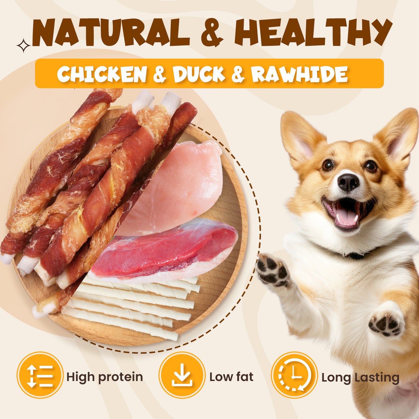 ASMPET Rawhide Dog Chew, Natural Chicken and Duck Wrap Long-Lasting Treat for Dog, 11 oz.