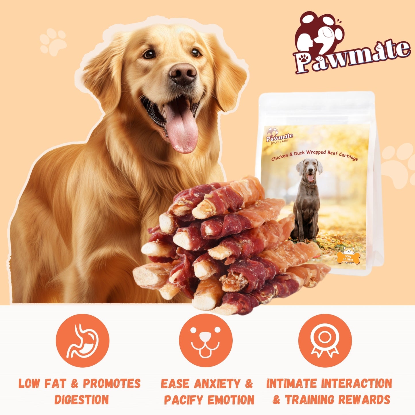 Pawmate Chicken & Duck Wrapped Beef Cartilage, Natural Chews for All Dogs, 11oz