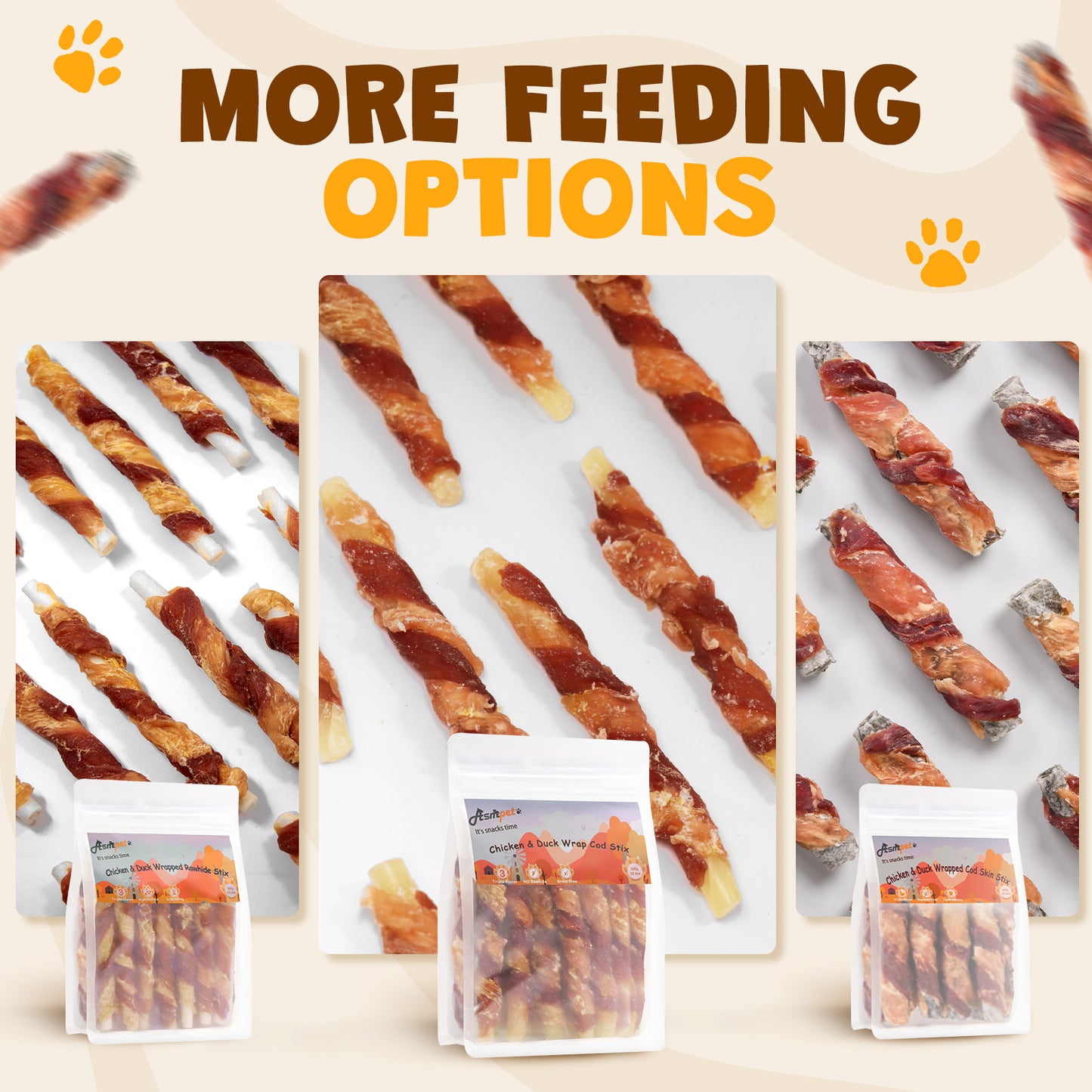 ASMPET Rawhide Free Dog Treats Chicken Jerky & Duck Wrap Cod Sticks, Healthy Treats for Dogs, Soft Chewy Healthy Natural Treats, 15pcs, 11oz