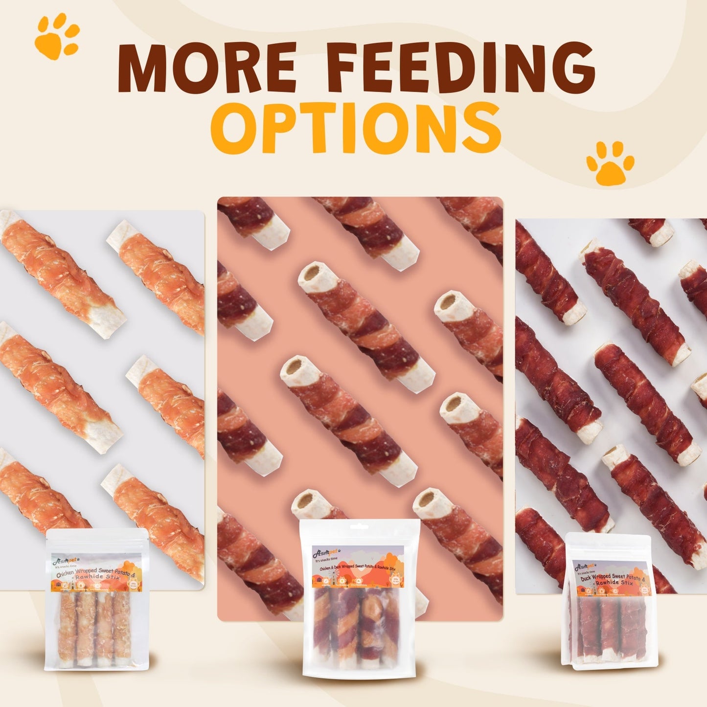 ASMPET Rawhide Dog Treats Chicken & Duck Wrapped Rawhide Sweet Potato Stick, Long Lasting Dog Bone, Teeth Cleaning for Medium Large Dogs, 10.6oz