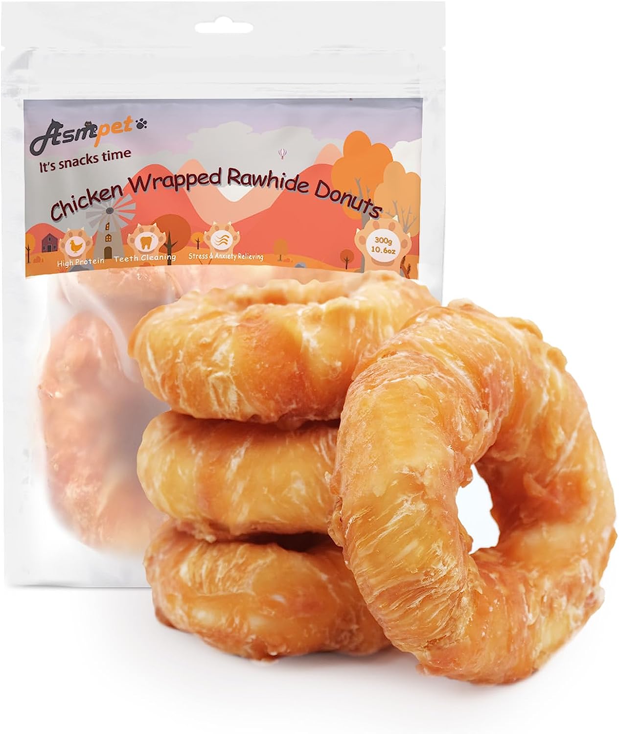ASMPET Dog Bone Chicken Wrapped Rawhide Donuts, Long-Lasting, Pack of 4, for Large & Small Dogs