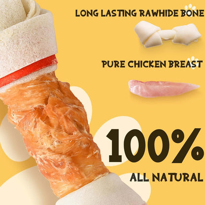 ASMPET Dog Chews Long Lasting 6.5" Knotted Bones, Chicken Wrapped, Rawhide, for Large Dogs & Puppies