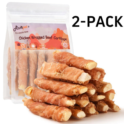(2 Packs)ASMPET Dog Treats - Chicken Wrapped Beef Cartilage, High Calcium, Non-Rawhide Puppy Chews, Protein-Rich,