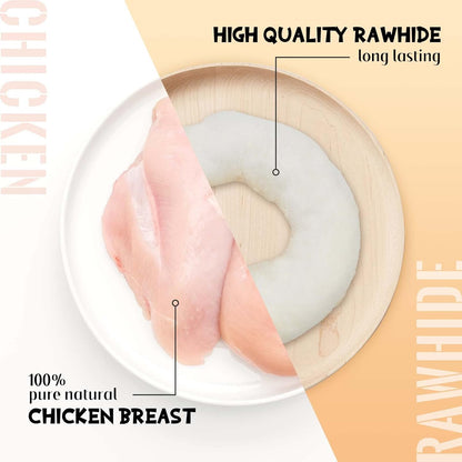 ASMPET Dog Bone Chicken Wrapped Rawhide Donuts, Long-Lasting, Pack of 4, for Large & Small Dogs