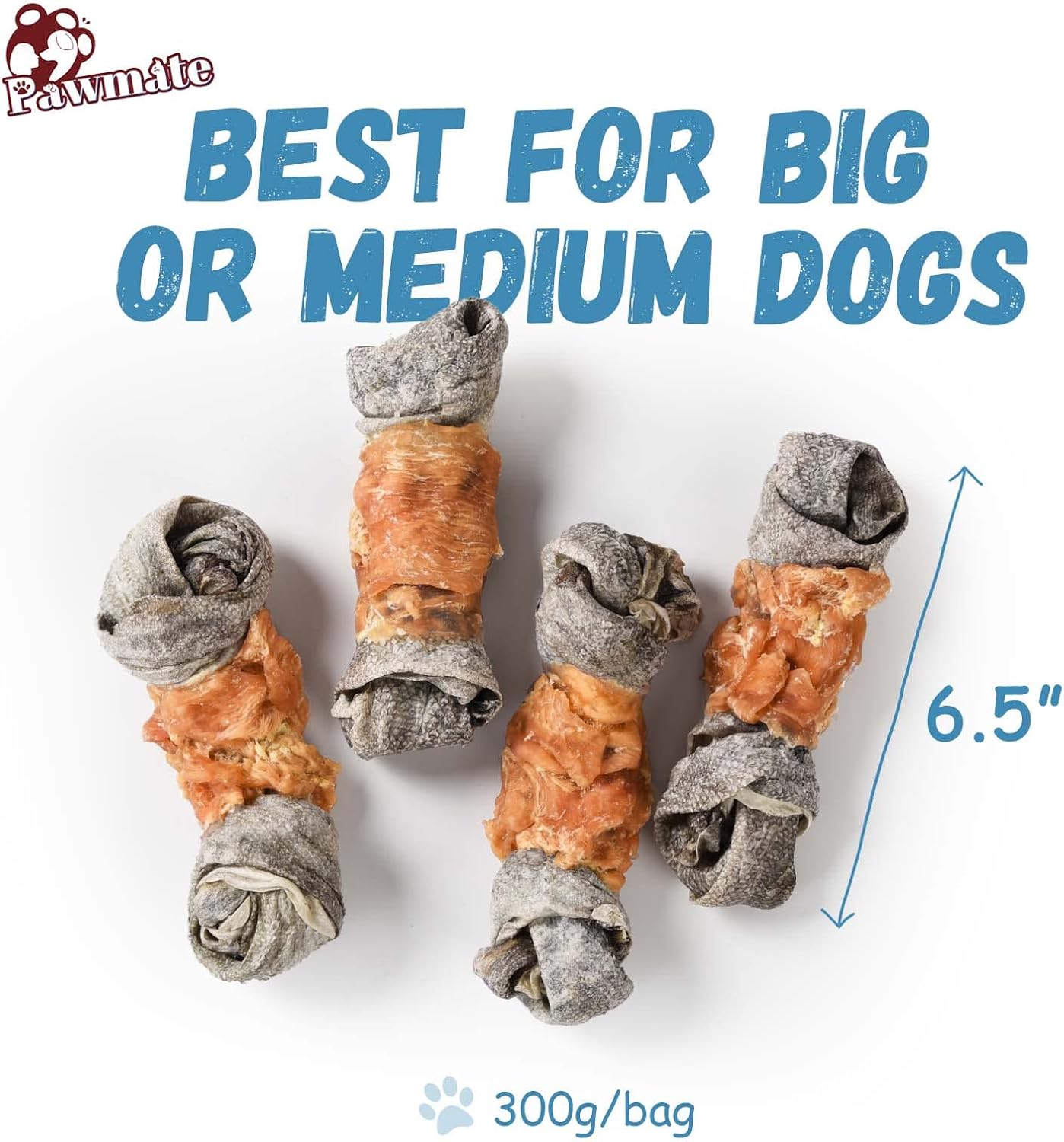 Pawmate Chicken Wrapped Cod Skin Knotted Bones - Omega3 Dog Chews (10.6 oz)