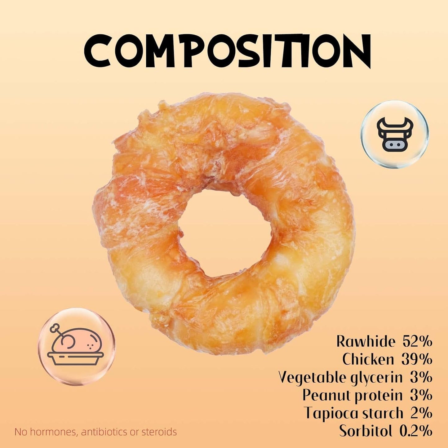 ASMPET Dog Bone Chicken Wrapped Rawhide Donuts, Long-Lasting, Pack of 4, for Large & Small Dogs