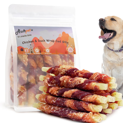 ASMPET Rawhide Free Dog Treats Chicken Jerky & Duck Wrap Cod Sticks, Healthy Treats for Dogs, Soft Chewy Healthy Natural Treats, 15pcs, 11oz