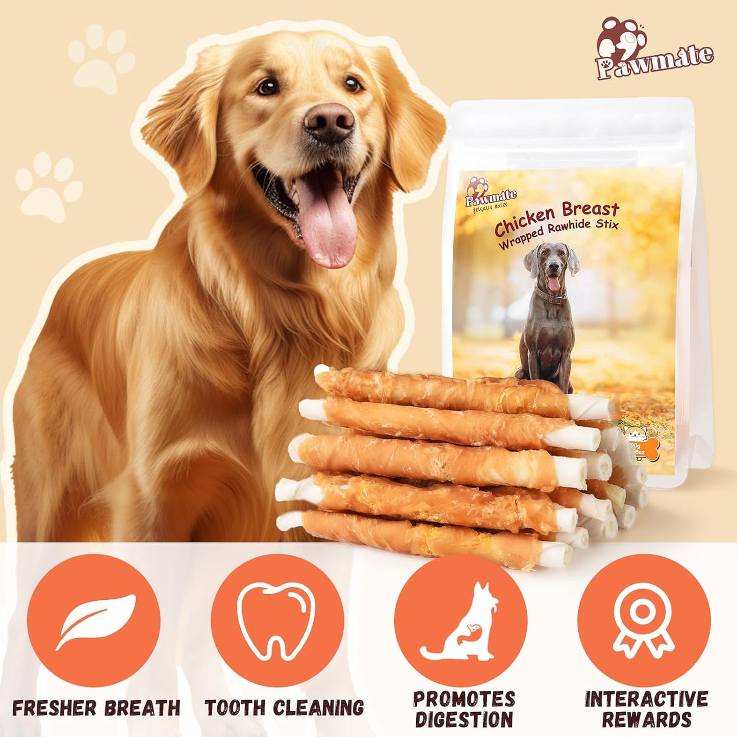 Pawmate Chicken Wrapped Rawhide Sticks - Natural Dog Treats (20-21 Count)