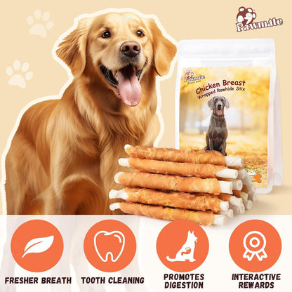 Pawmate Chicken Wrapped Rawhide Sticks - Natural Dog Treats (20-21 Count)