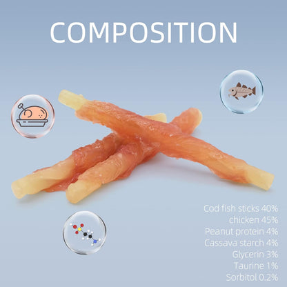 ASMPET Dog Treats - Chicken Wrapped Cod Fish, Omega-3, Grain-Free, Rawhide-Free, for Small & Medium Dogs