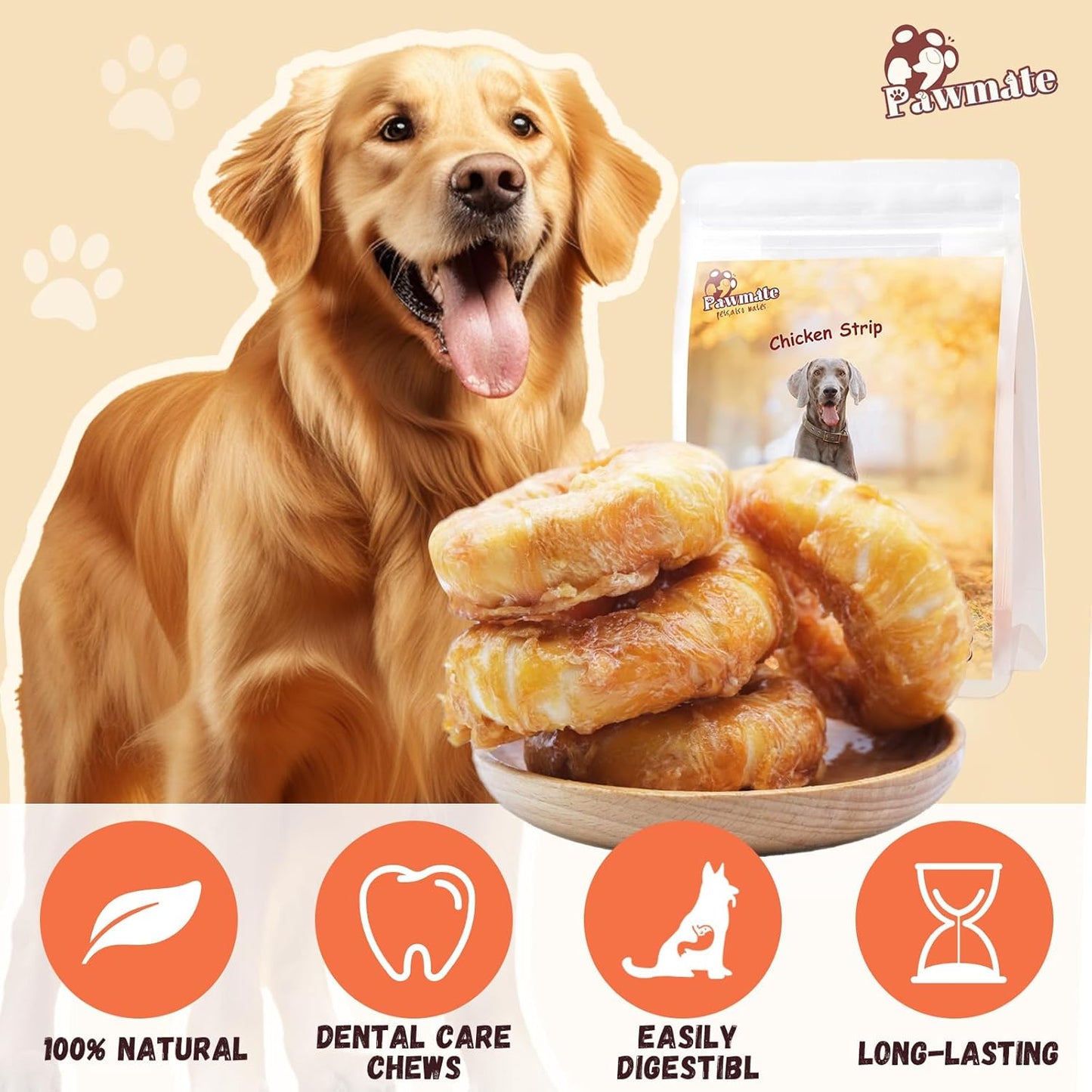 Pawmate Chicken Wrapped Rawhide Donuts - Large Dog Chews (4 Count)