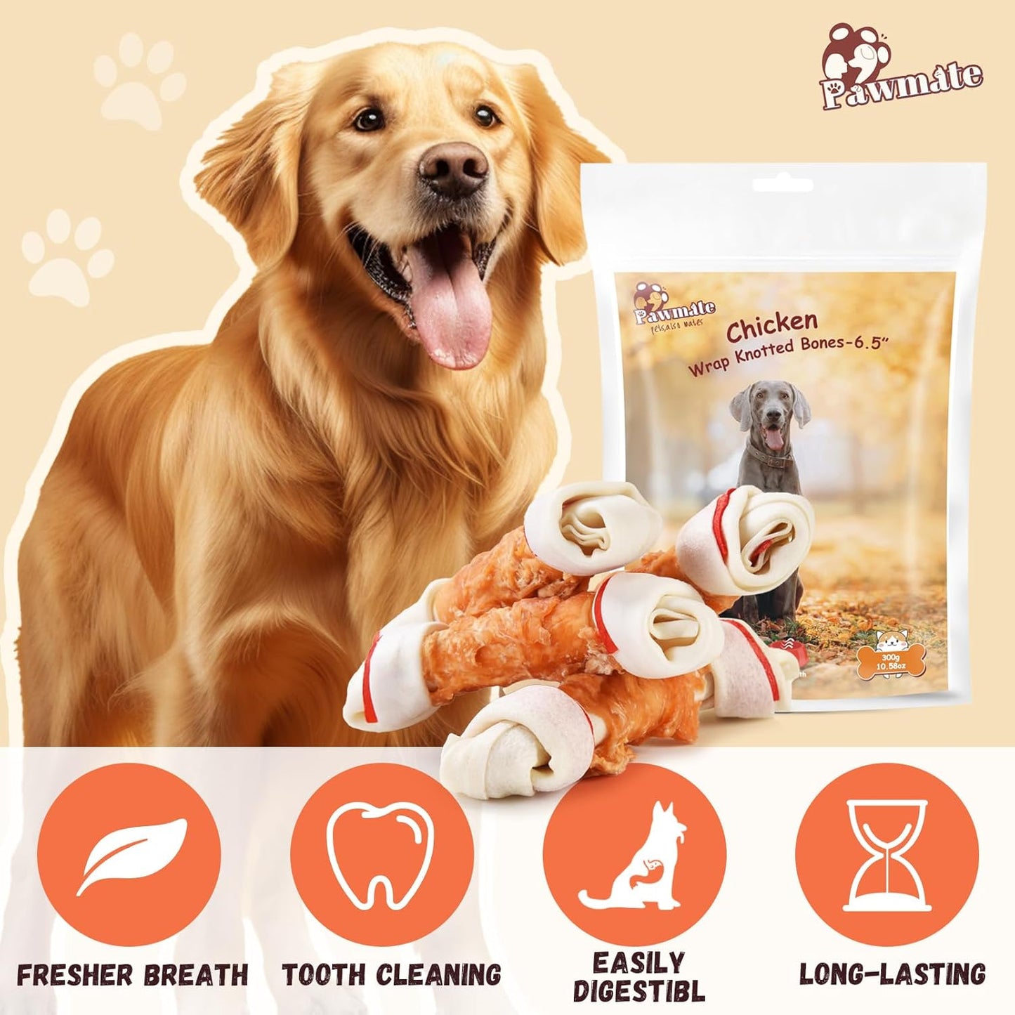 Pawmate Large Chicken Wrapped Rawhide Bones - Long-Lasting Chews (5 Count)
