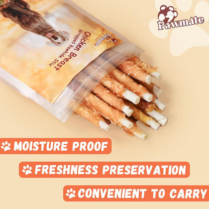 Pawmate Chicken Wrapped Rawhide Sticks - Natural Dog Treats (20-21 Count)