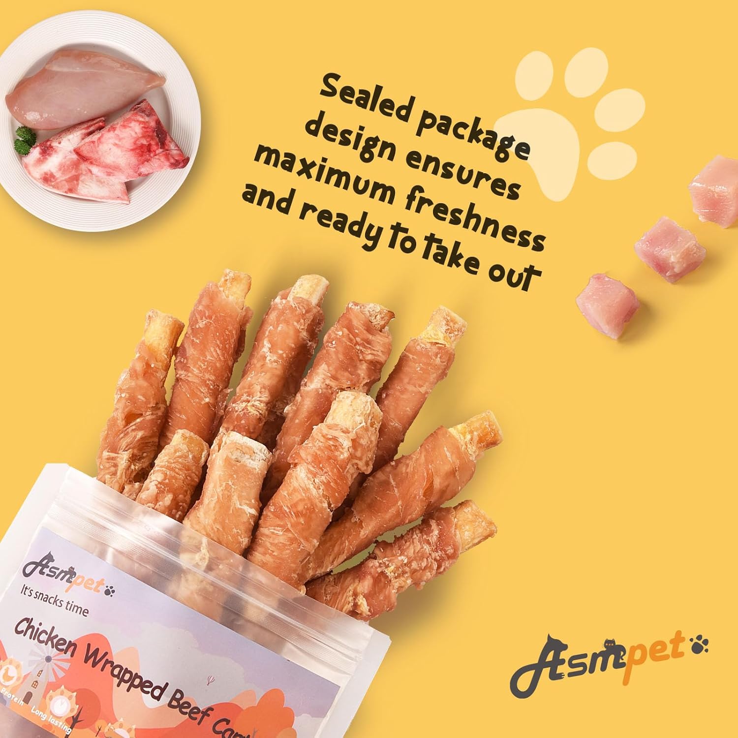 ASMPET Dog Treats - Chicken Wrapped Beef Cartilage, High Calcium, Non-Rawhide Puppy Chews, Protein-Rich