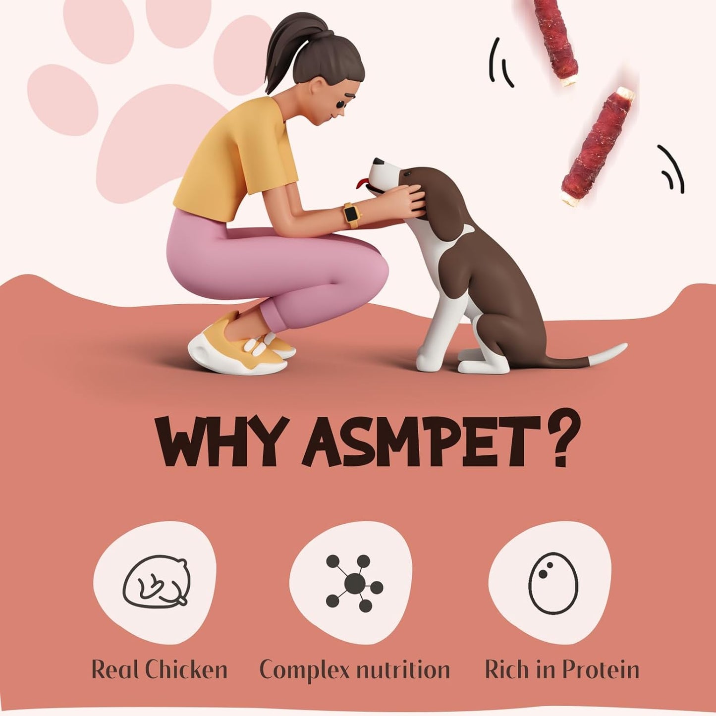 ASMPET Dog Treats - Chicken Wrapped Sweet Potato Sticks, Long Lasting, Rawhide-Free for Medium & Large Dogs