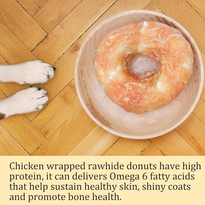 Pawmate Chicken Wrapped Rawhide Donuts - Large Dog Chews (4 Count)