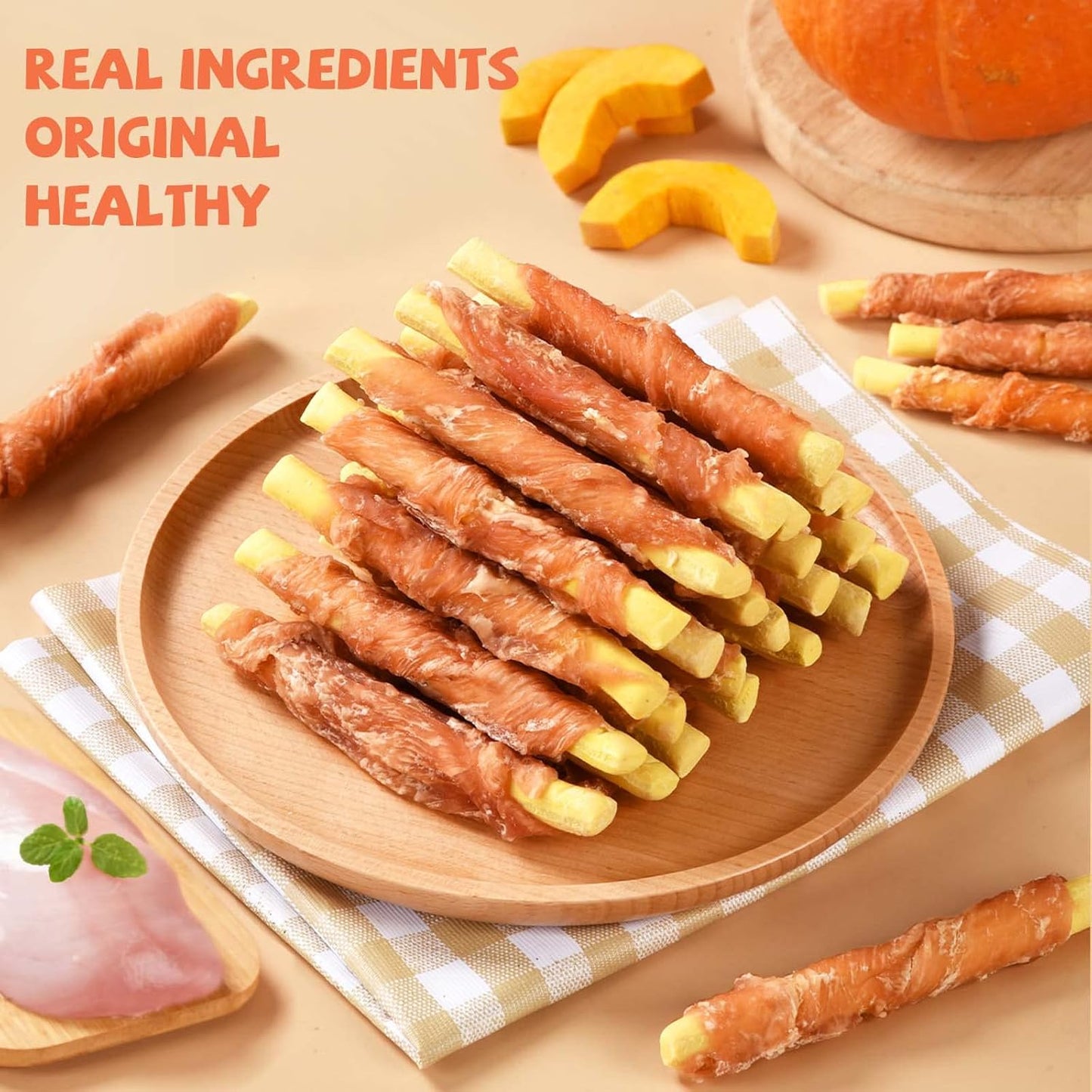 Pawmate Dog Treats Pumpkin Biscuits Chicken Wrapped, Low Fat Healthy Chewy Training Treats for Small Medium Large Dogs