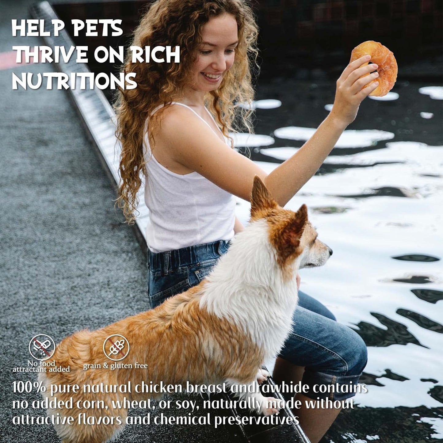 ASMPET Dog Bone Chicken Wrapped Rawhide Donuts, Long-Lasting, Pack of 4, for Large & Small Dogs