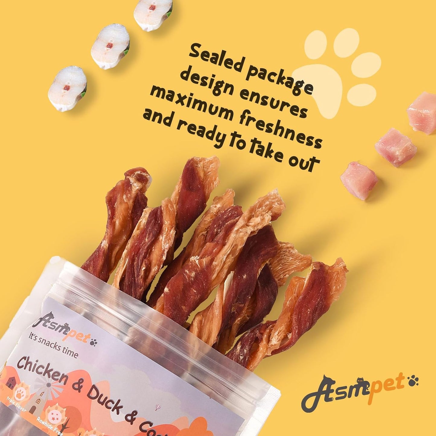 ASMPET Dog Treats - Triple-Flavor Non-Rawhide Chews, Chicken, Fish & Duck, for Small, Medium & Large Dogs