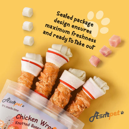 ASMPET Dog Chews Long Lasting 6.5" Knotted Bones, Chicken Wrapped, Rawhide, for Large Dogs & Puppies