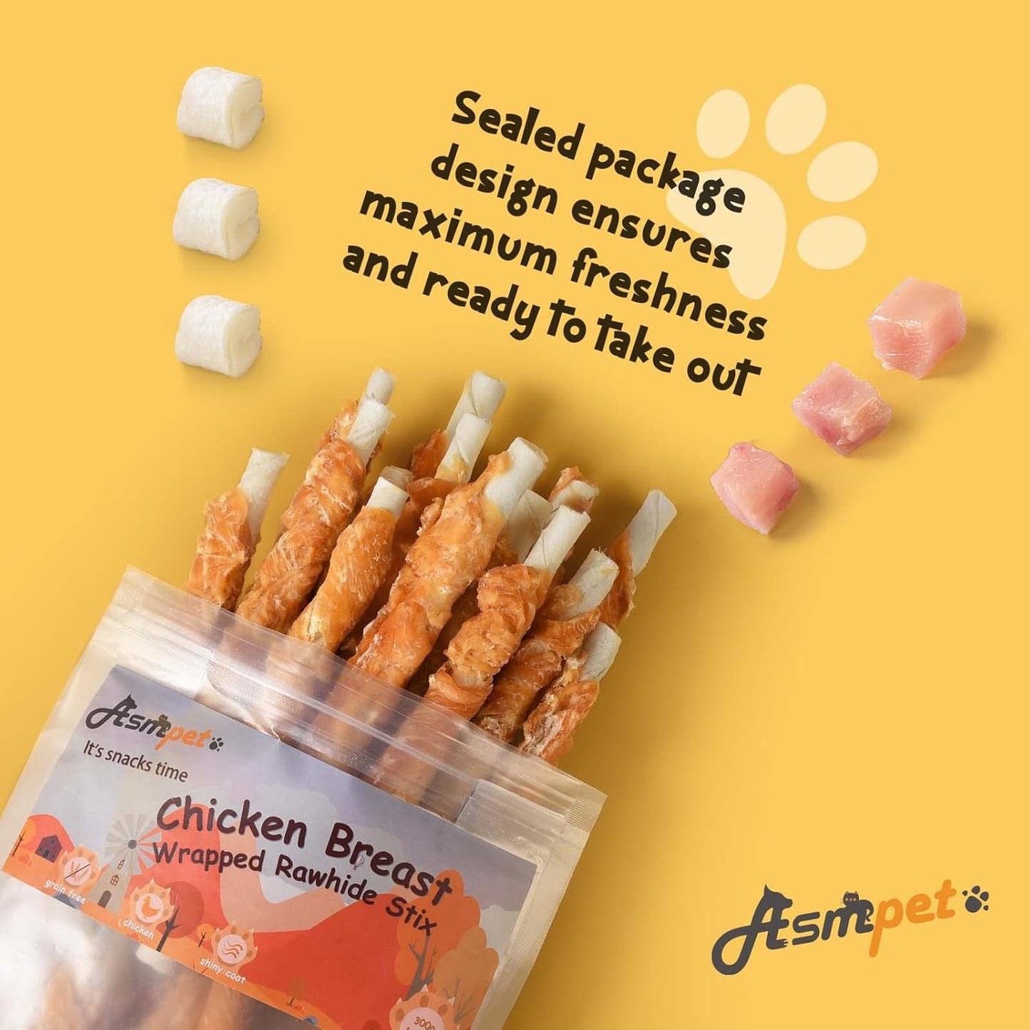 ASMPET Dog Treats - Chicken Wrapped Rawhide Bones, Grain-Free, Teeth Cleaning for Small & Medium Dogs