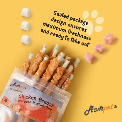 ASMPET Dog Treats - Chicken Wrapped Rawhide Bones, Grain-Free, Teeth Cleaning for Small & Medium Dogs