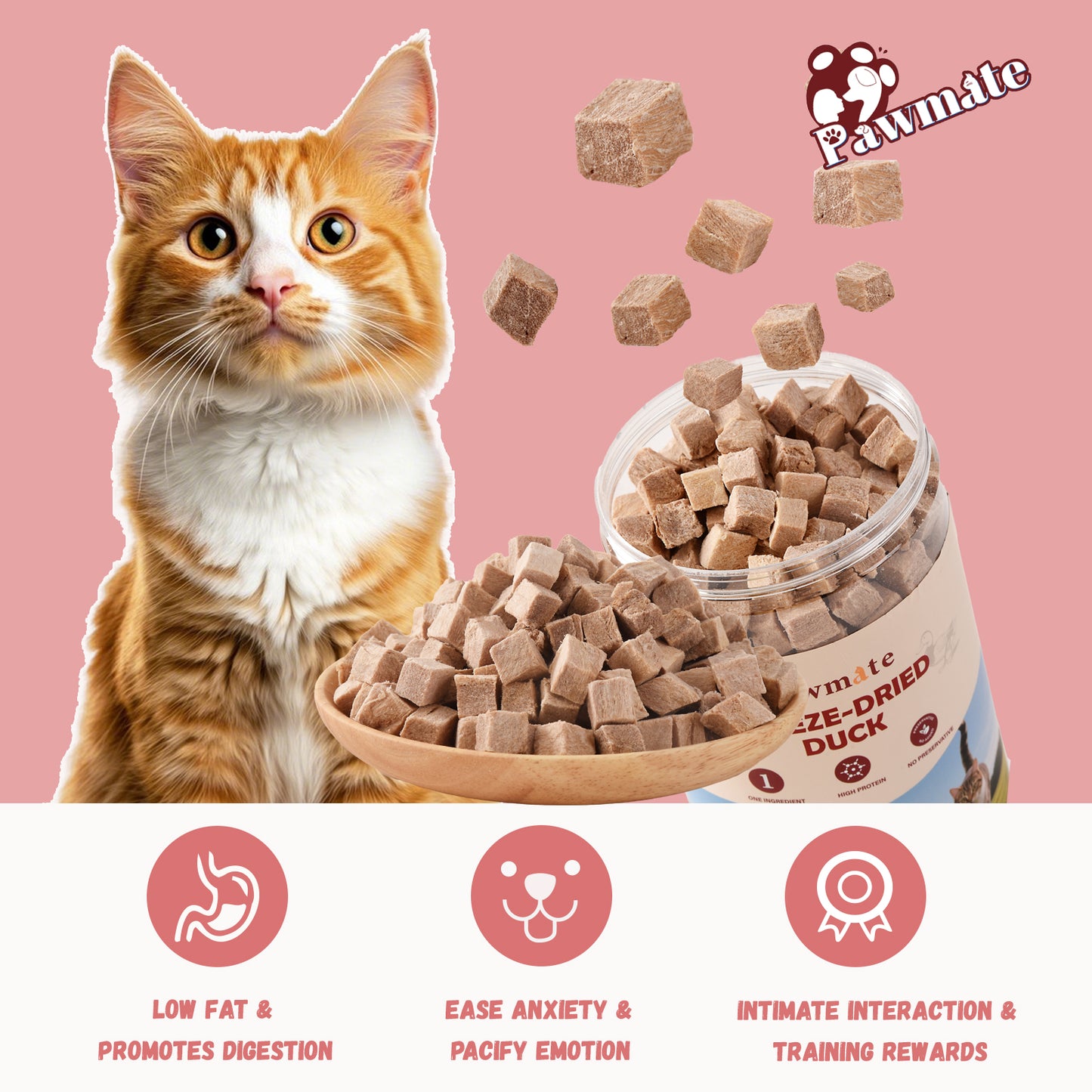 Pawmate Freeze-Dried Duck Treats for Dogs & Cats, Single Ingredient, Grain-Free, High Protein Natural Snack for Pets, 10.23oz