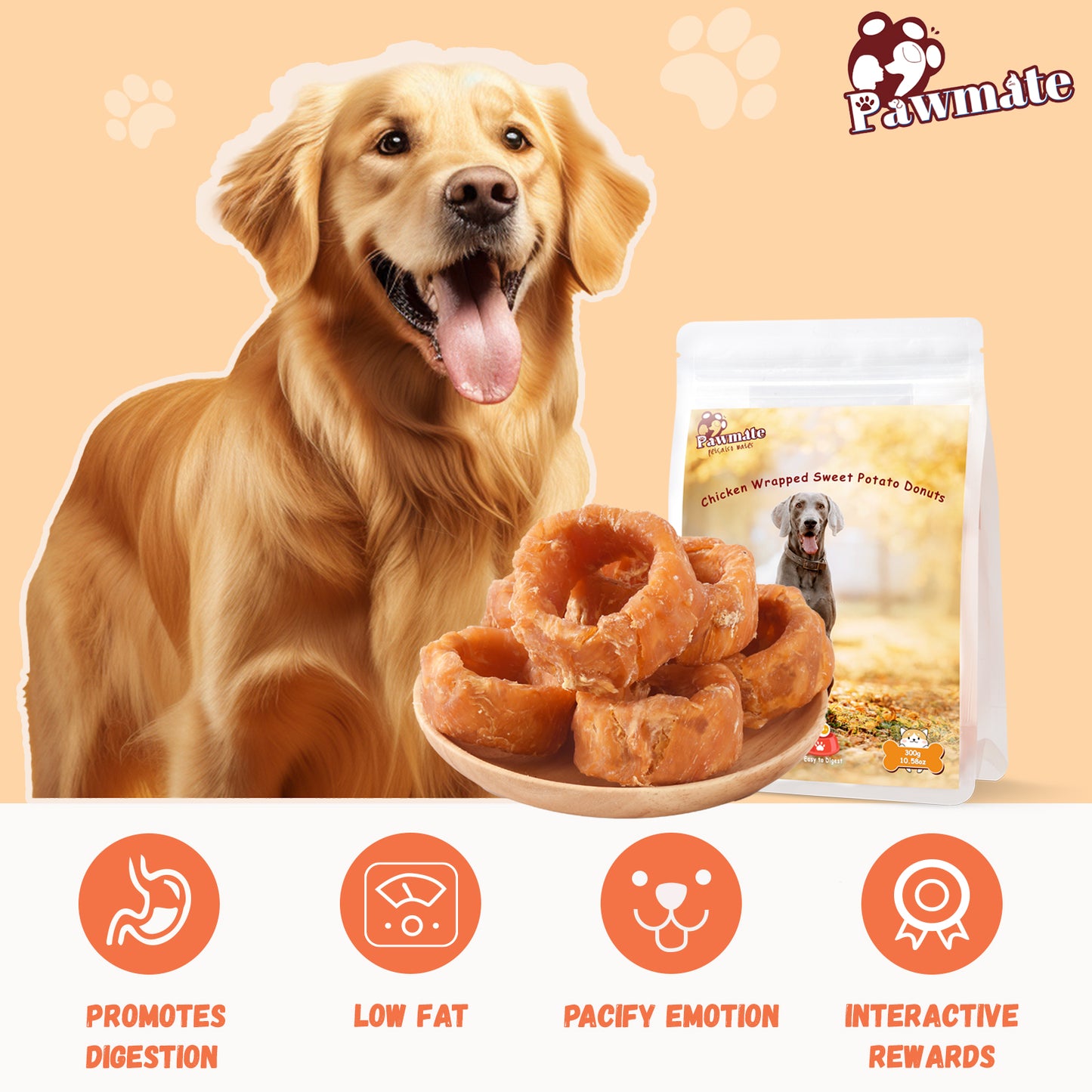 Pawmate Chicken Wrapped Sweet Potato Donut Dog Treats, Natural Healthy & Chewy Snack for All Dogs, 11oz