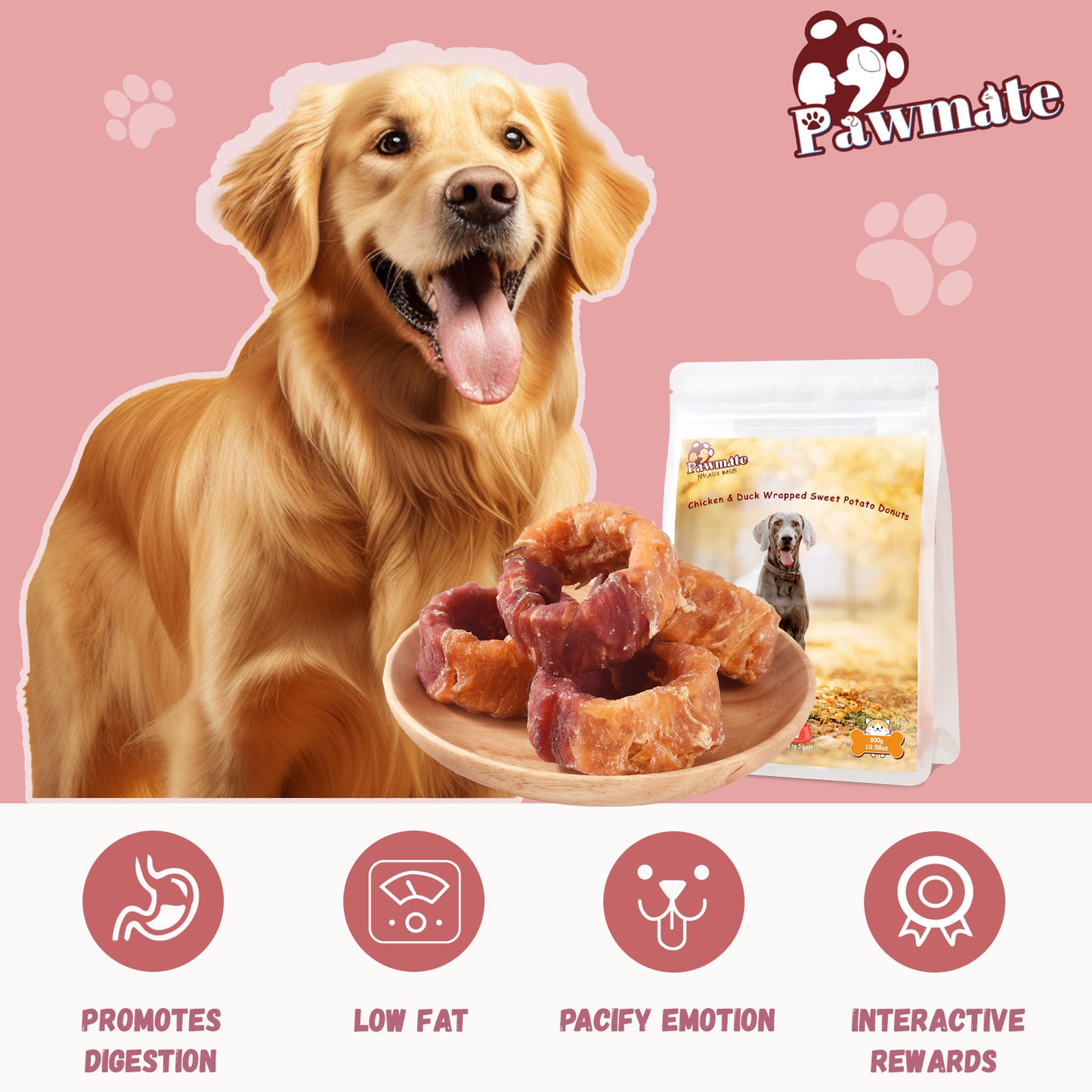 Pawmate Chicken & Duck Wrapped Sweet Potato Donut Dog Treats, Nutritious, Natural & Chewy Snack for All Dogs, 11oz