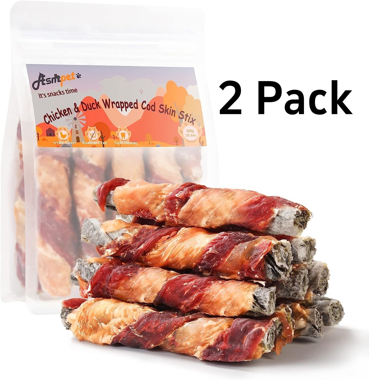 ASMPET Rawhide Free Dog Treats Chicken & Duck Wrapped Cod Skin Stick, Healthy Dog Chew, Training Snacks for Small Medium Large Dogs, 2 Pack 21.2oz