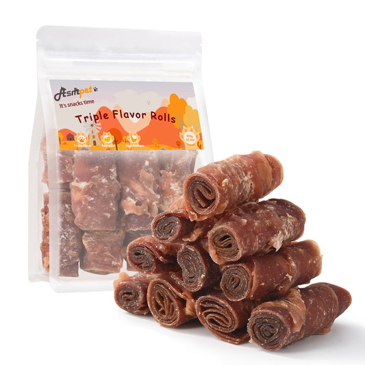 ASMPET Healthy Dog Treats, Triple Flavor Rolls with Chicken Duck Beef, Rawhide Free Jerky Dog Snacks Treats for Small & Medium Dogs 11oz
