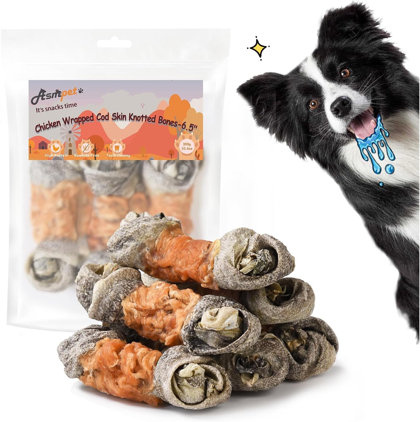 ASMPET Dog Treats - Chicken Wrapped Cod Fish Knotted Bones, Omega-3, Rawhide-Free, for Medium & Large Dogs