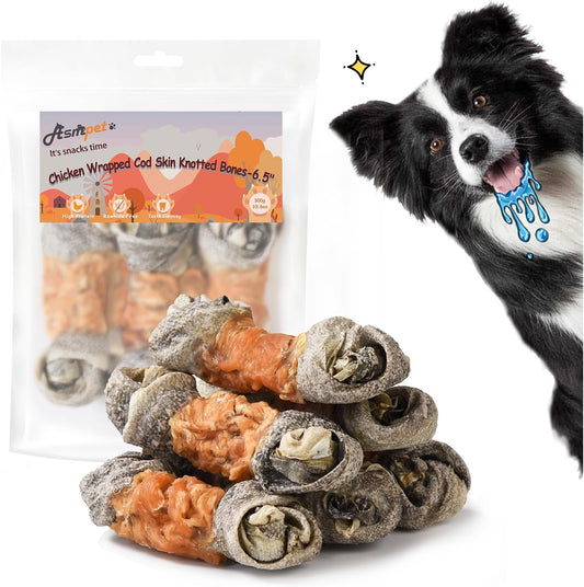 ASMPET Dog Treats - Chicken Wrapped Cod Fish Knotted Bones, Omega-3, Rawhide-Free, for Medium & Large Dogs