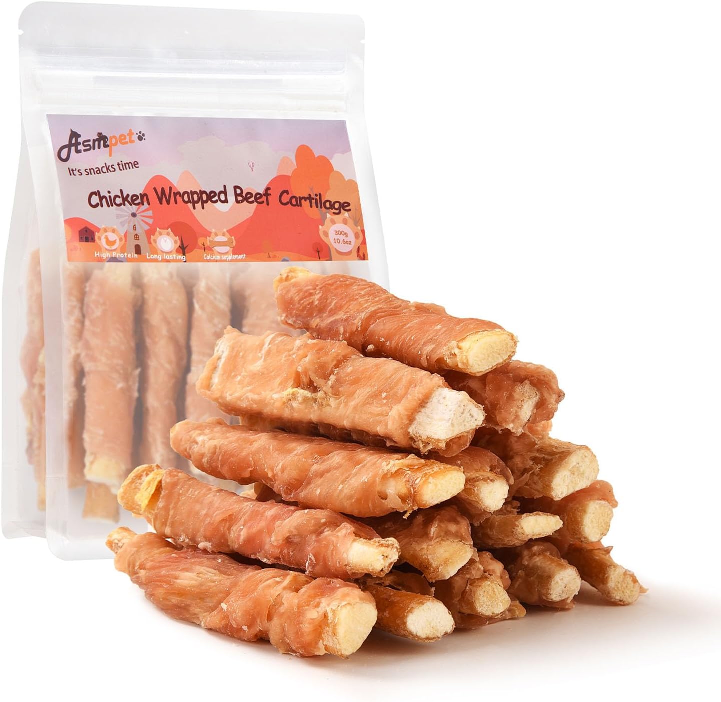 ASMPET Dog Treats - Chicken Wrapped Beef Cartilage, High Calcium, Non-Rawhide Puppy Chews, Protein-Rich