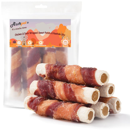 ASMPET Rawhide Dog Treats Chicken & Duck Wrapped Rawhide Sweet Potato Stick, Long Lasting Dog Bone, Teeth Cleaning for Medium Large Dogs, 10.6oz