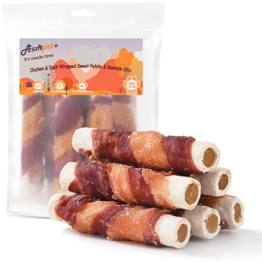 ASMPET Rawhide Dog Treats Chicken & Duck Wrapped Rawhide Sweet Potato Stick, Long Lasting Dog Bone, Teeth Cleaning for Medium Large Dogs, 10.6oz