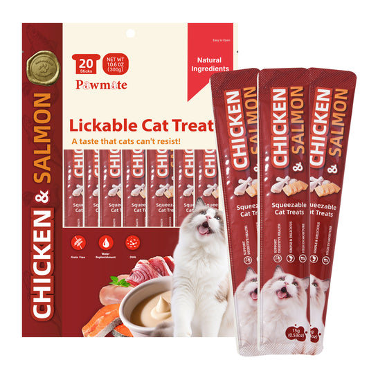 Pawmate Chicken & Salmon Lickable Cat Treats, 20 Sticks, Grain-Free Creamy Treats for Cats