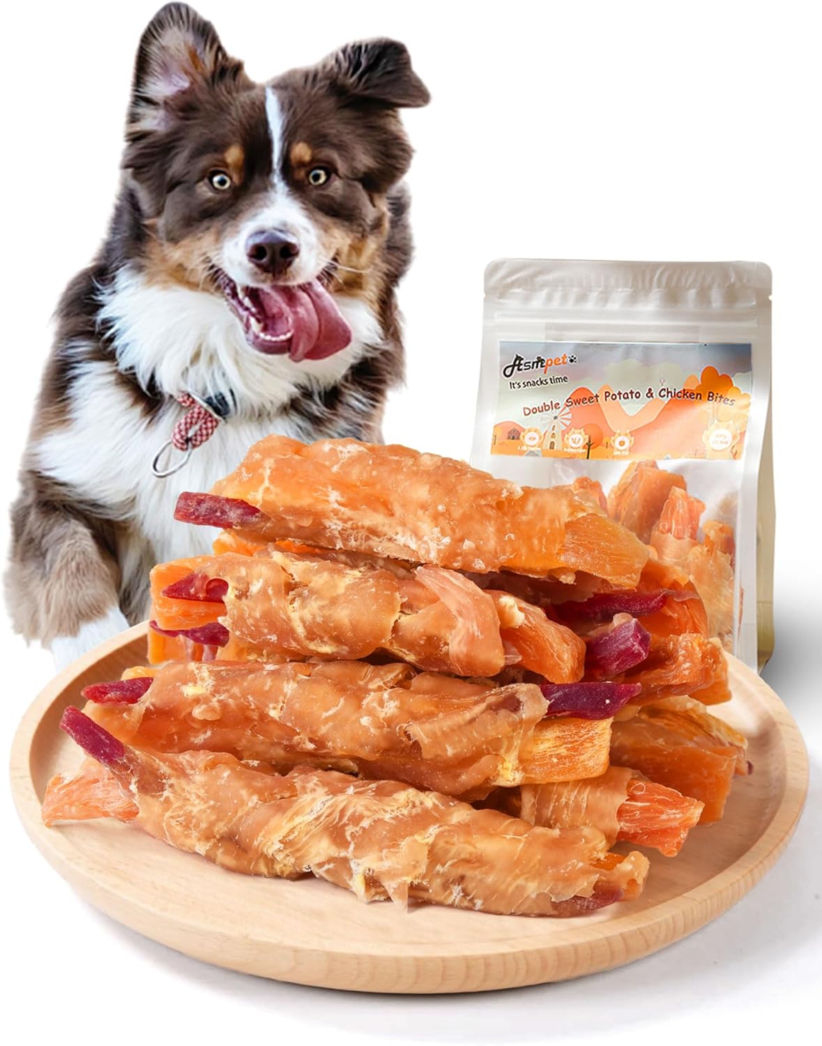 ASMPET Dog Treats - Chicken & Sweet Potato Jerky Wraps, Rawhide-Free, Easy to Digest, for Large Dogs