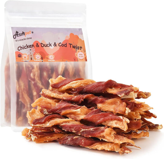 ASMPET Dog Treats - Triple-Flavor Non-Rawhide Chews, Chicken, Fish & Duck, for Small, Medium & Large Dogs