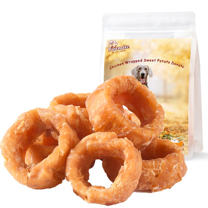 Pawmate Chicken Wrapped Sweet Potato Donut Dog Treats, Natural Healthy & Chewy Snack for All Dogs, 11oz
