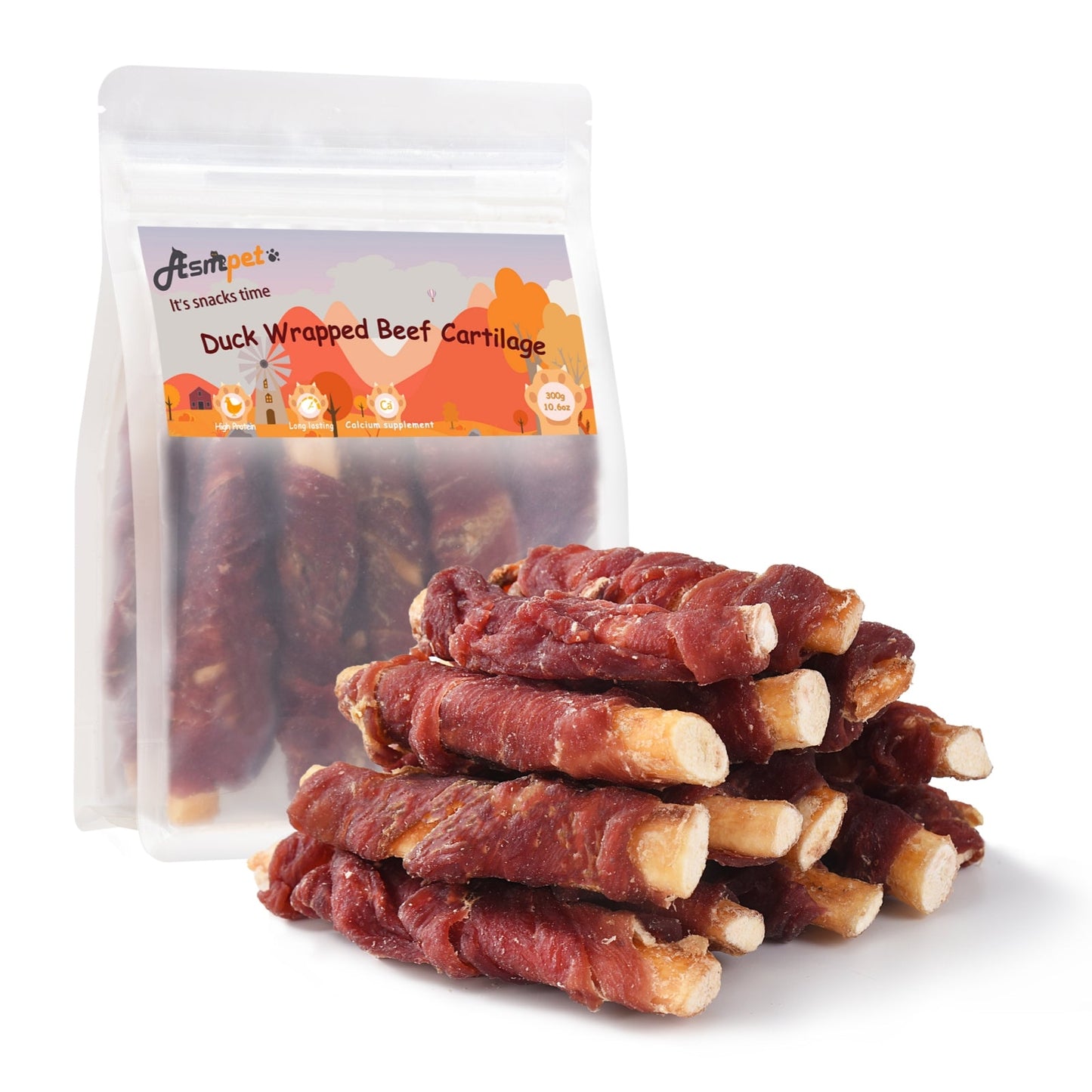 ASMPET Duck Wrapped Beef Cartilage Dog Treats, Long-Lasting Chewy Dog Soft Bone for Small, Medium, Large Dogs (10.6oz, No Rawhide)