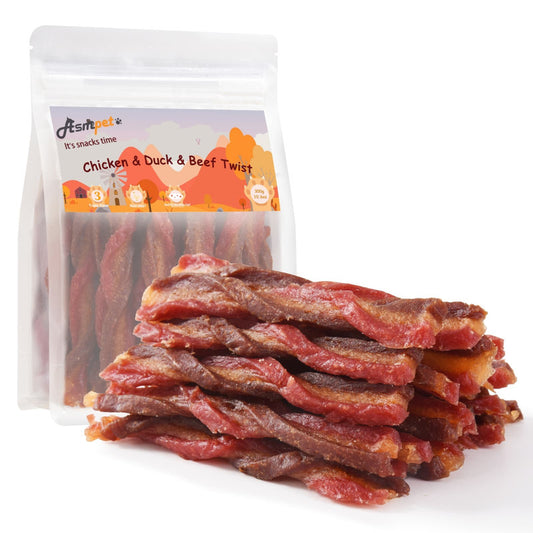 ASMPET Natural Soft Dog Treats, Real Premium Beef, Chicken and Duck Jerky Twist for Small Medium Large Dog, 10.5 oz