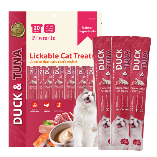 Pawmate Duck & Tuna Lickable Cat Treats, 20 Sticks, Grain-Free Creamy Treats for Cats