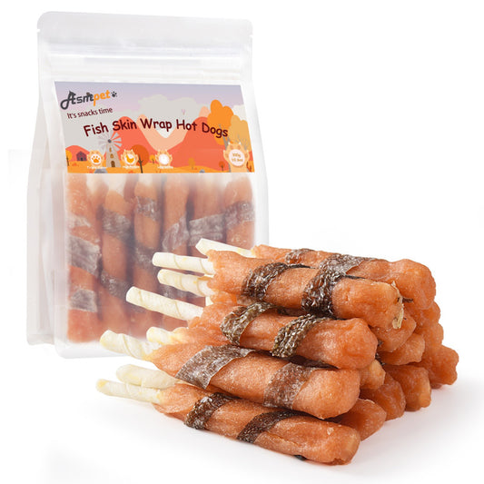 ASMPET Fish Skins Wrapped ChickenDog Treats, All-Natural Rawhide Dog Chew, Rich in Omega3 & Protein, 10.6oz
