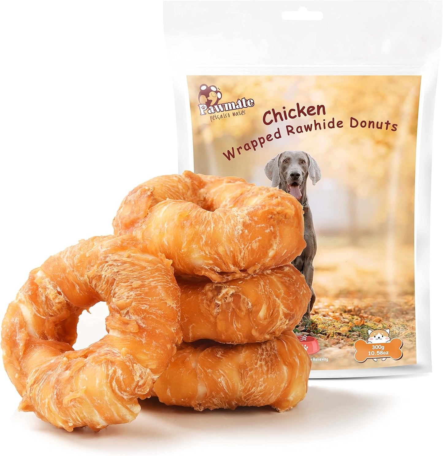 Pawmate Chicken Wrapped Rawhide Donuts - Large Dog Chews (4 Count)